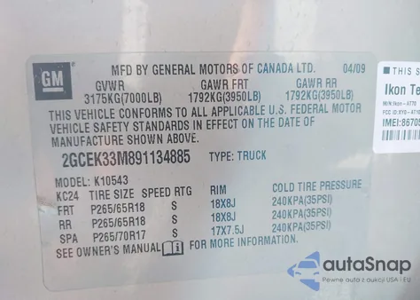 2009 Chevrolet Silverado 1500 Ltz from USA, damaged, VIN 2GCEK33M891134885